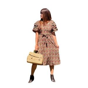 NWT Vintage Retro Style Gorgeous Brown Dress Midi Dress Floral Tie Back SML